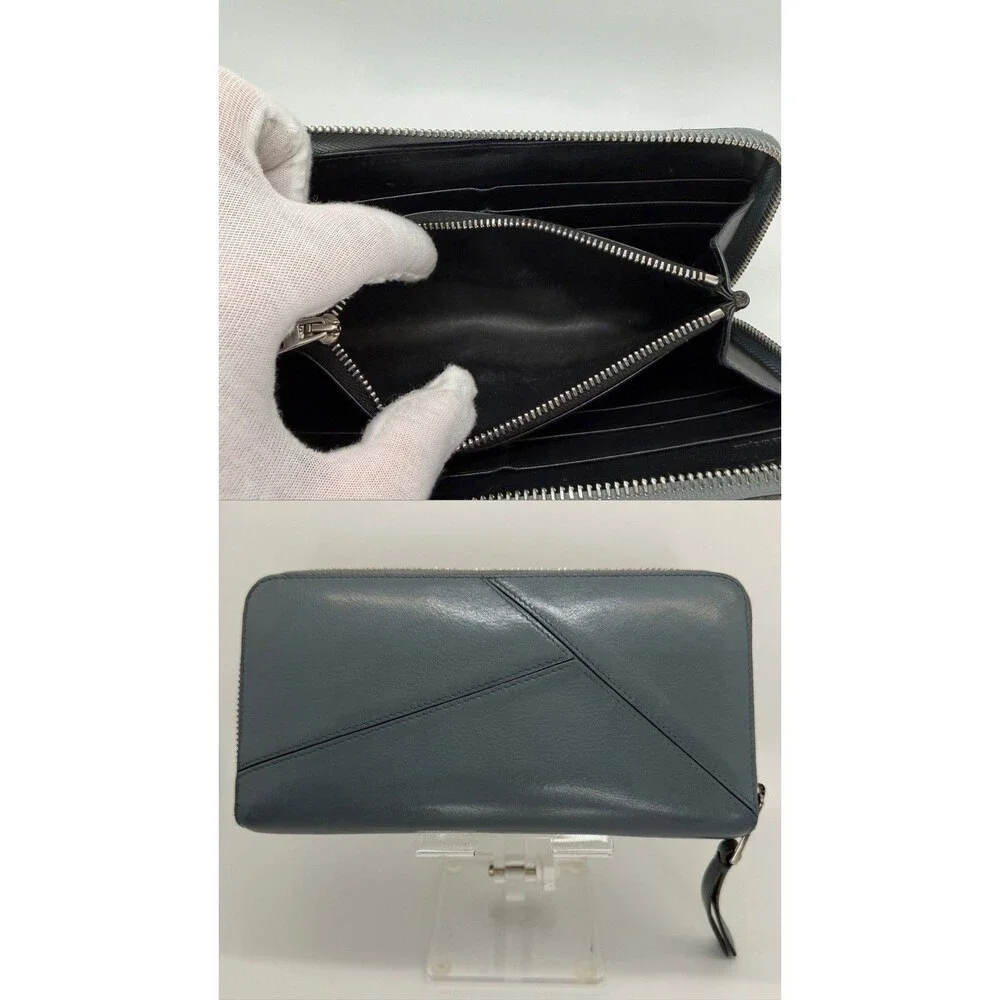 Authentic LOEWE Puzzle Anagram Leather Zip Around Long Wallet Blue/117
